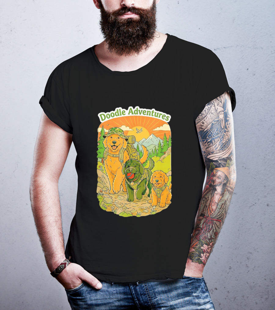 Doodle Adventures Three Dogs Picnic Adventure Sunset T-Shirt