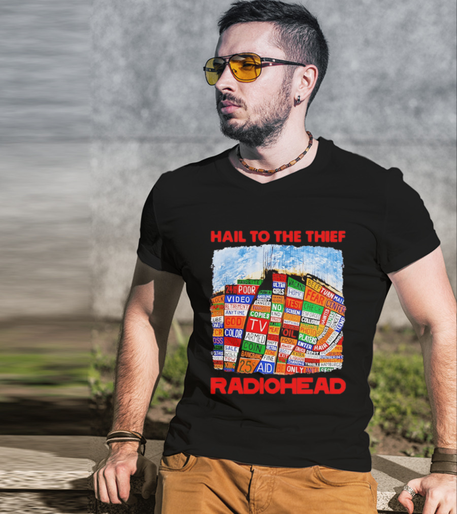 Radiohead Hail To The Thief Album Cover Colorful Text Collage 24HR TV 25 Aid T-Shirt
