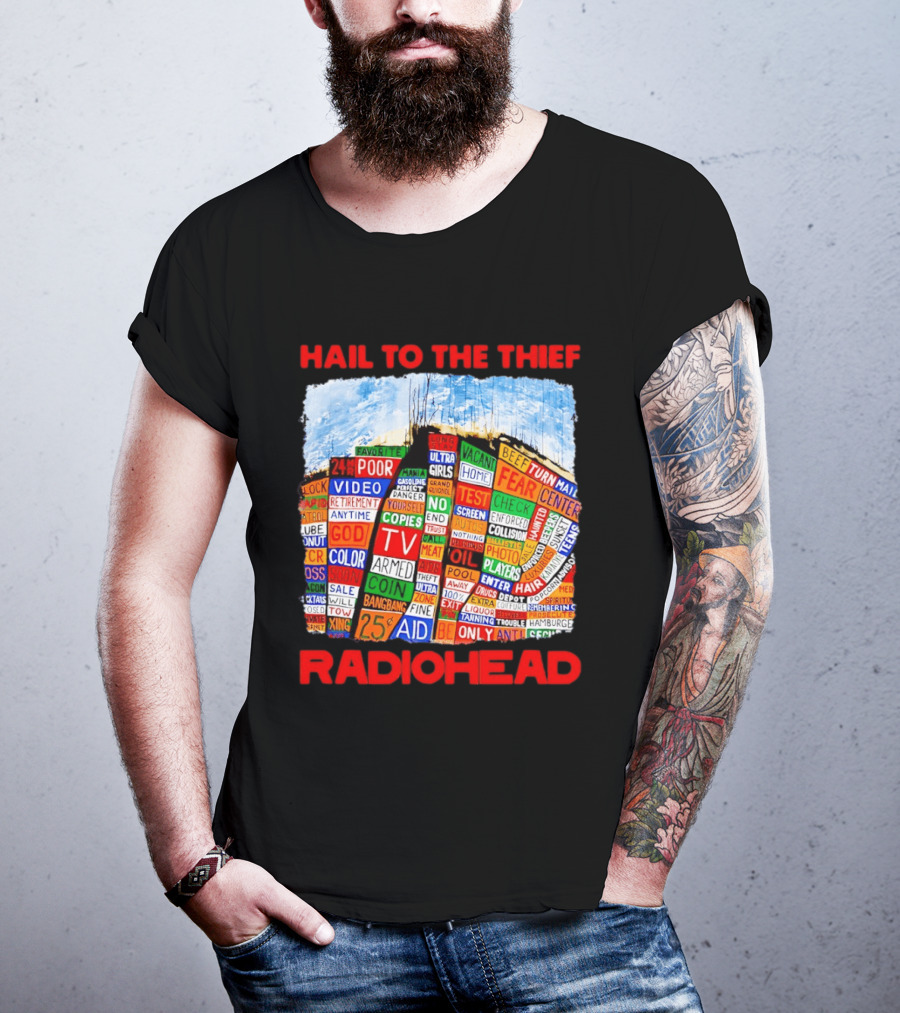 Radiohead Hail To The Thief Album Cover Colorful Text Collage 24HR TV 25 Aid T-Shirt