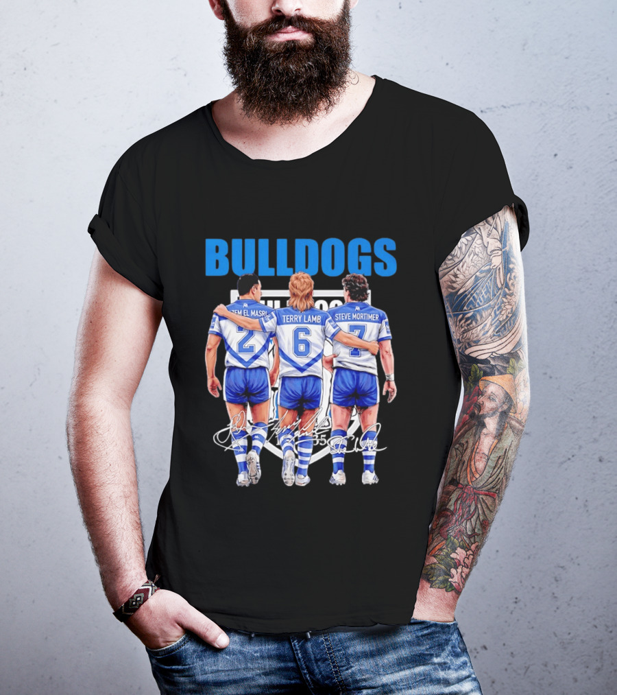 Hazem El Masri Terry Lamb Steve Mortimer Canterbury Bankstown Bulldogs Legends Signatures T-Shirt