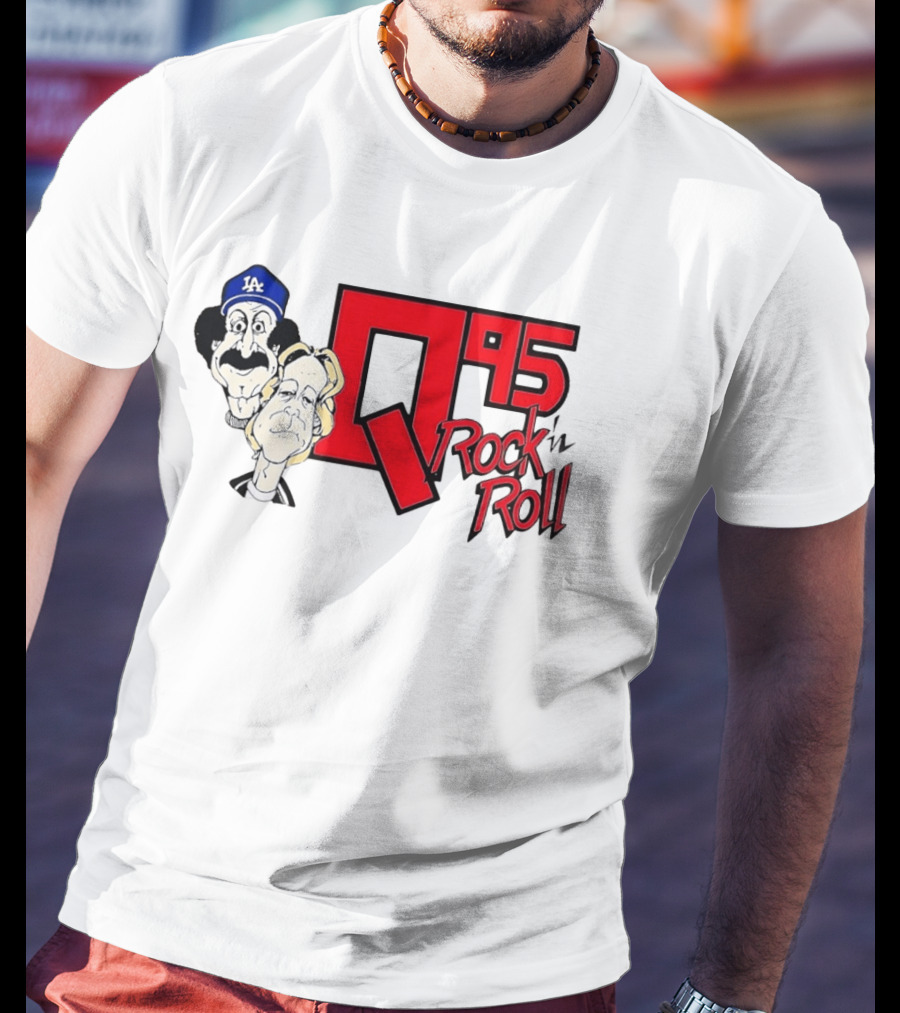 Q95 Rock 'n Roll Characters Wearing LA Dodgers Hat T-Shirt