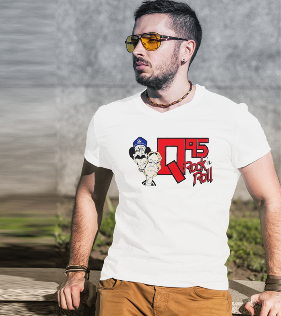 Q95 Rock 'n Roll Characters Wearing LA Dodgers Hat T-Shirt