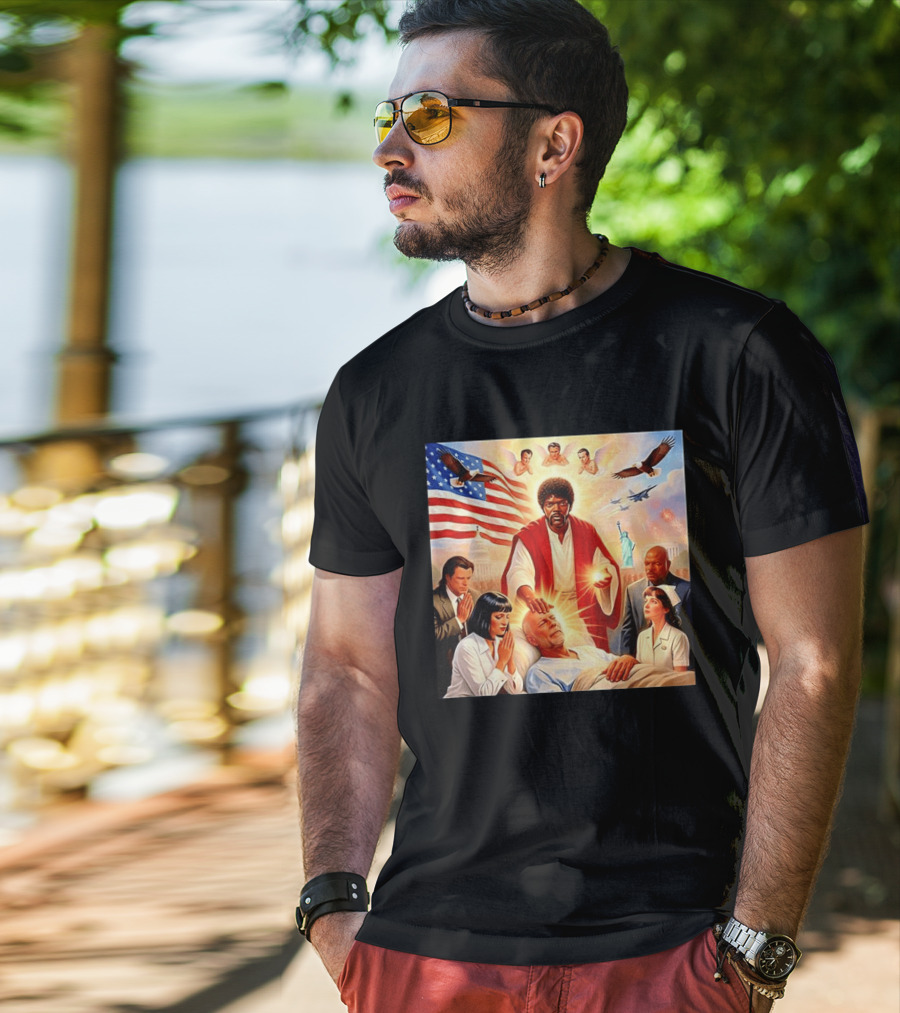 Samuel L. Jackson Exorcism Scene With Bruce Willis And US Patriotic Elements Meme T-Shirt