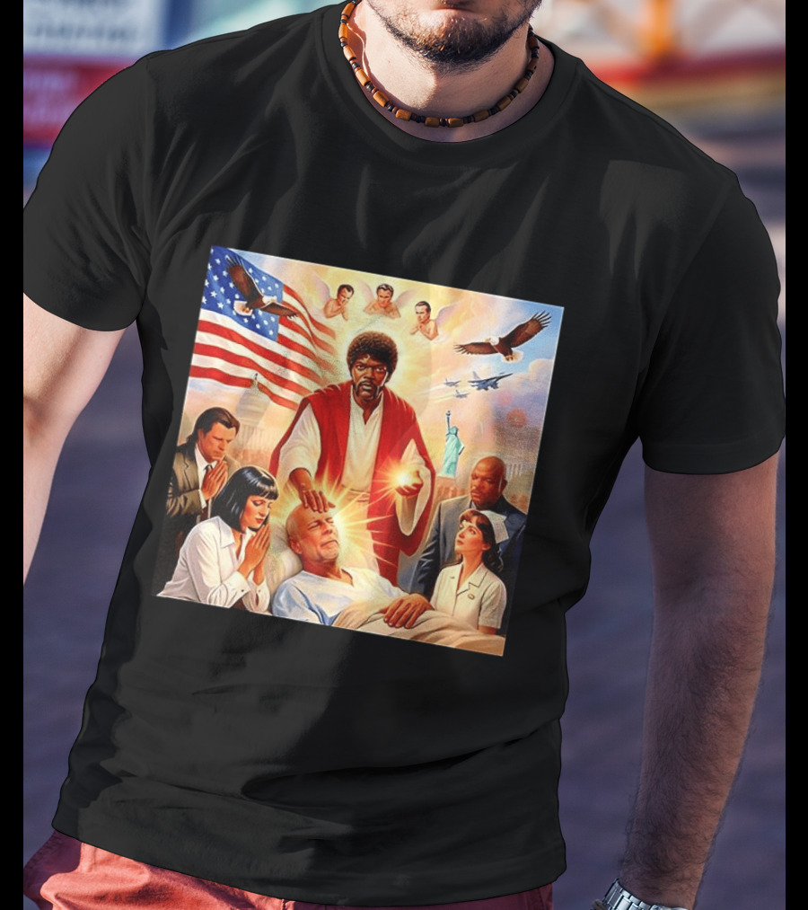 Samuel L. Jackson Exorcism Scene With Bruce Willis And US Patriotic Elements Meme T-Shirt