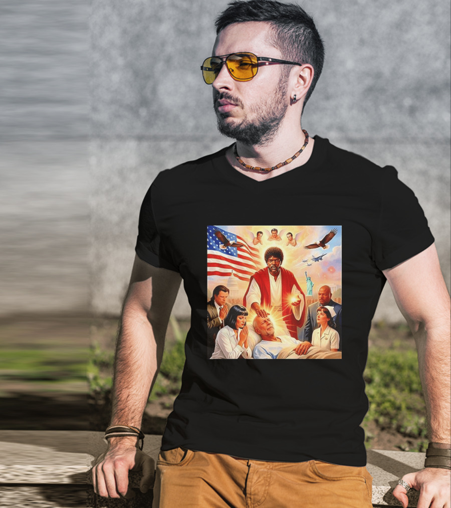 Samuel L. Jackson Exorcism Scene With Bruce Willis And US Patriotic Elements Meme T-Shirt