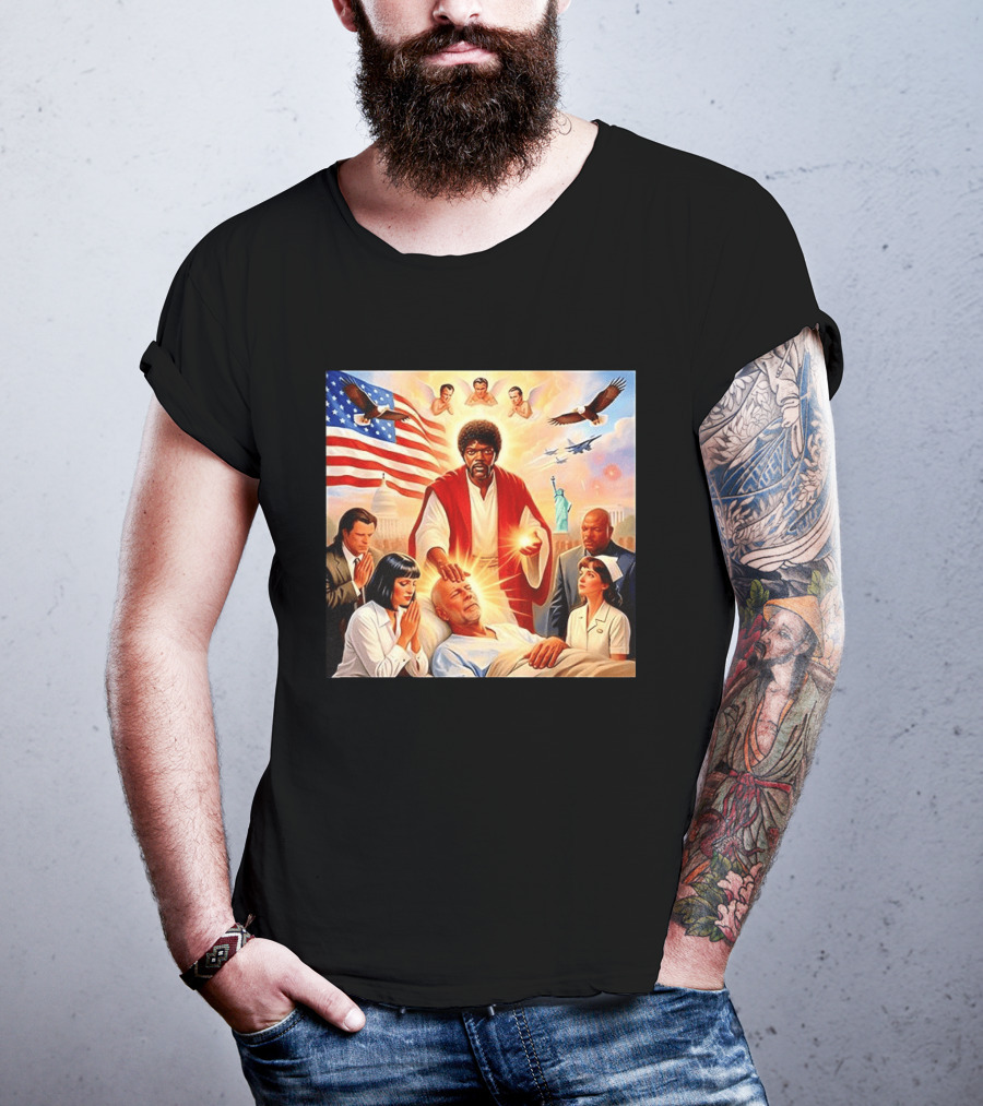 Samuel L. Jackson Exorcism Scene With Bruce Willis And US Patriotic Elements Meme T-Shirt