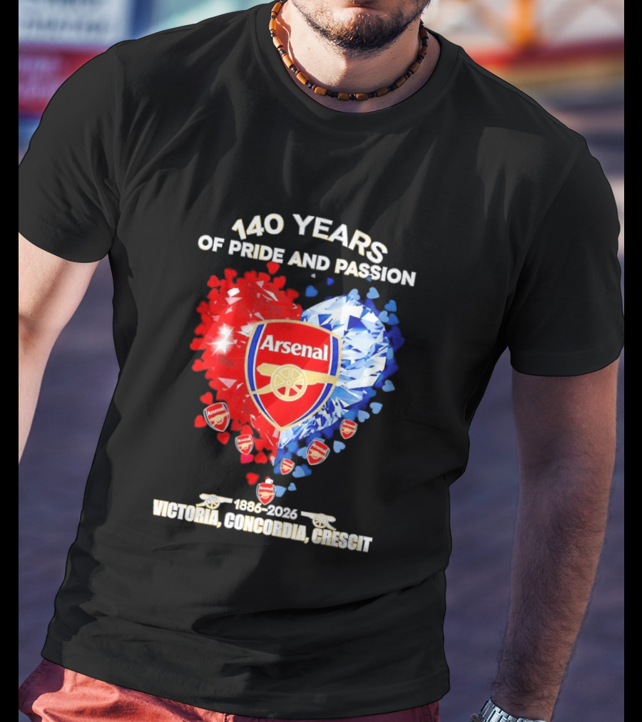 Arsenal 140 Years Of Pride And Passion Victoria Concordia Crescit 1886 2026 Heart Badge Crest T-Shirt