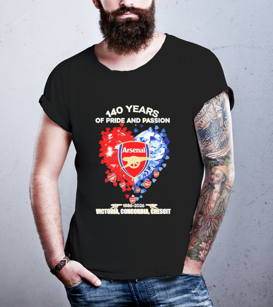 Arsenal 140 Years Of Pride And Passion Victoria Concordia Crescit 1886 2026 Heart Badge Crest T-Shirt