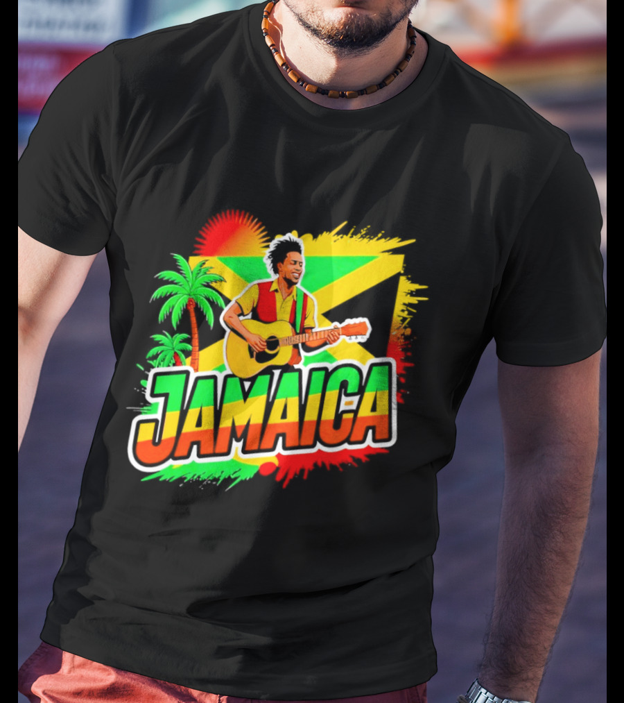 Jamaica Musician 2026 Vibrant Island Vibes Guitarist Flag T-Shirt
