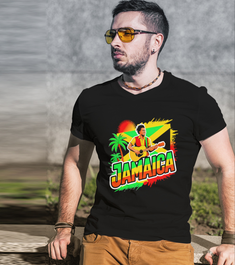 Jamaica Musician 2026 Vibrant Island Vibes Guitarist Flag T-Shirt