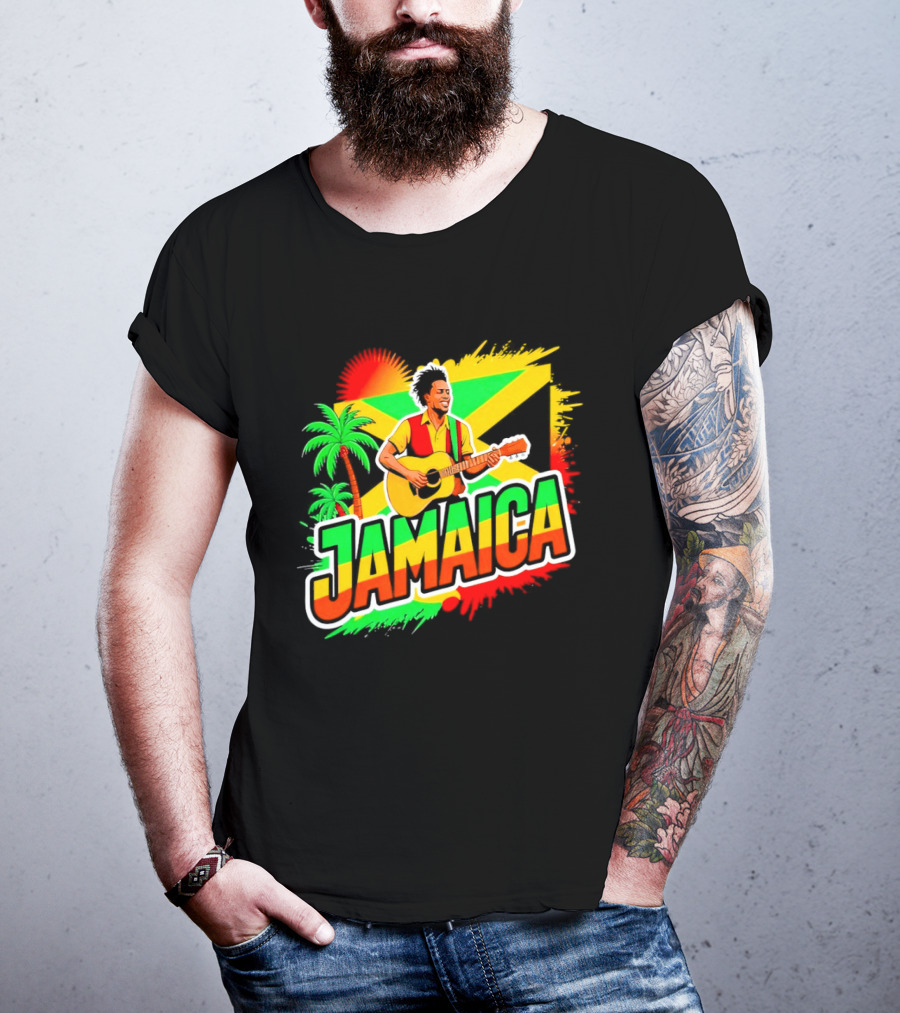 Jamaica Musician 2026 Vibrant Island Vibes Guitarist Flag T-Shirt
