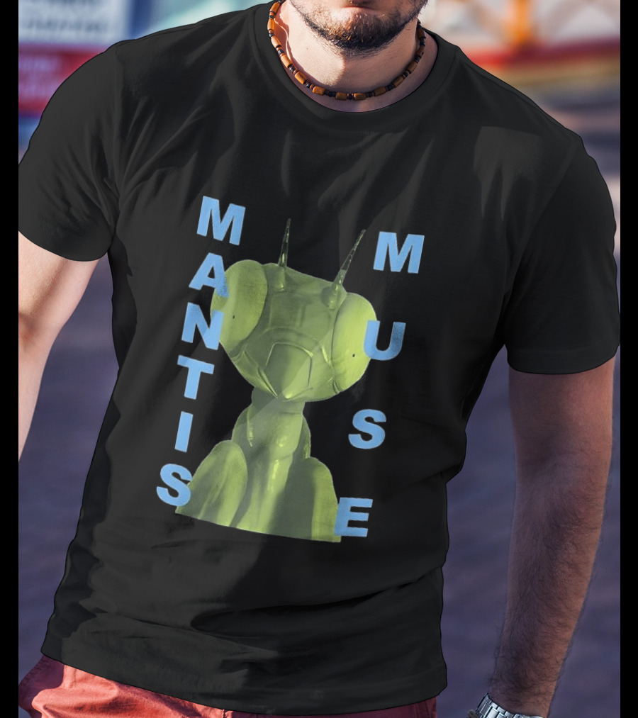 David Shrigley Mantis Muse Green Illustration With Blue T-Shirt