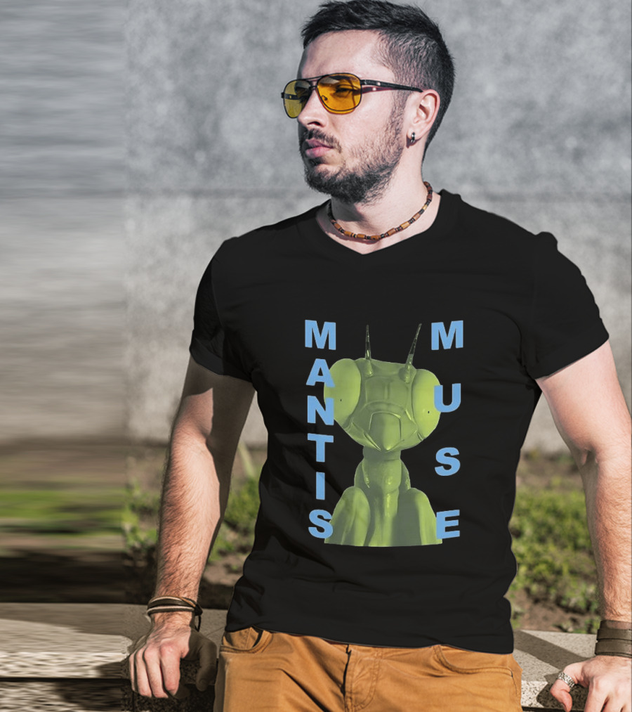 David Shrigley Mantis Muse Green Illustration With Blue T-Shirt