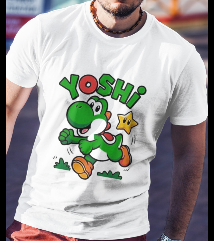 Yoshi Super Mario Green Dinosaur Running With Star T-Shirt