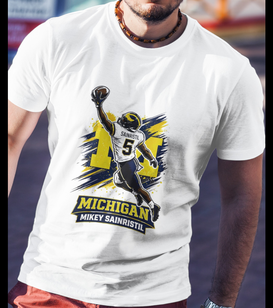 Michigan Mikey Sainristil Catching Football Wolverines Player T-Shirt