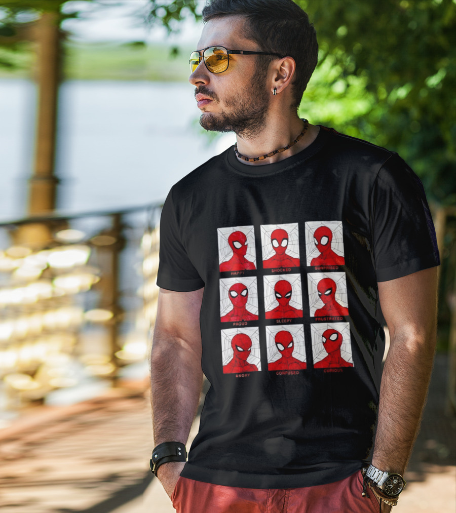 Spider Man Emotional States Happy Shocked Surprised Proud Sleepy Frustrated Angry Confused Curious T-Shirt