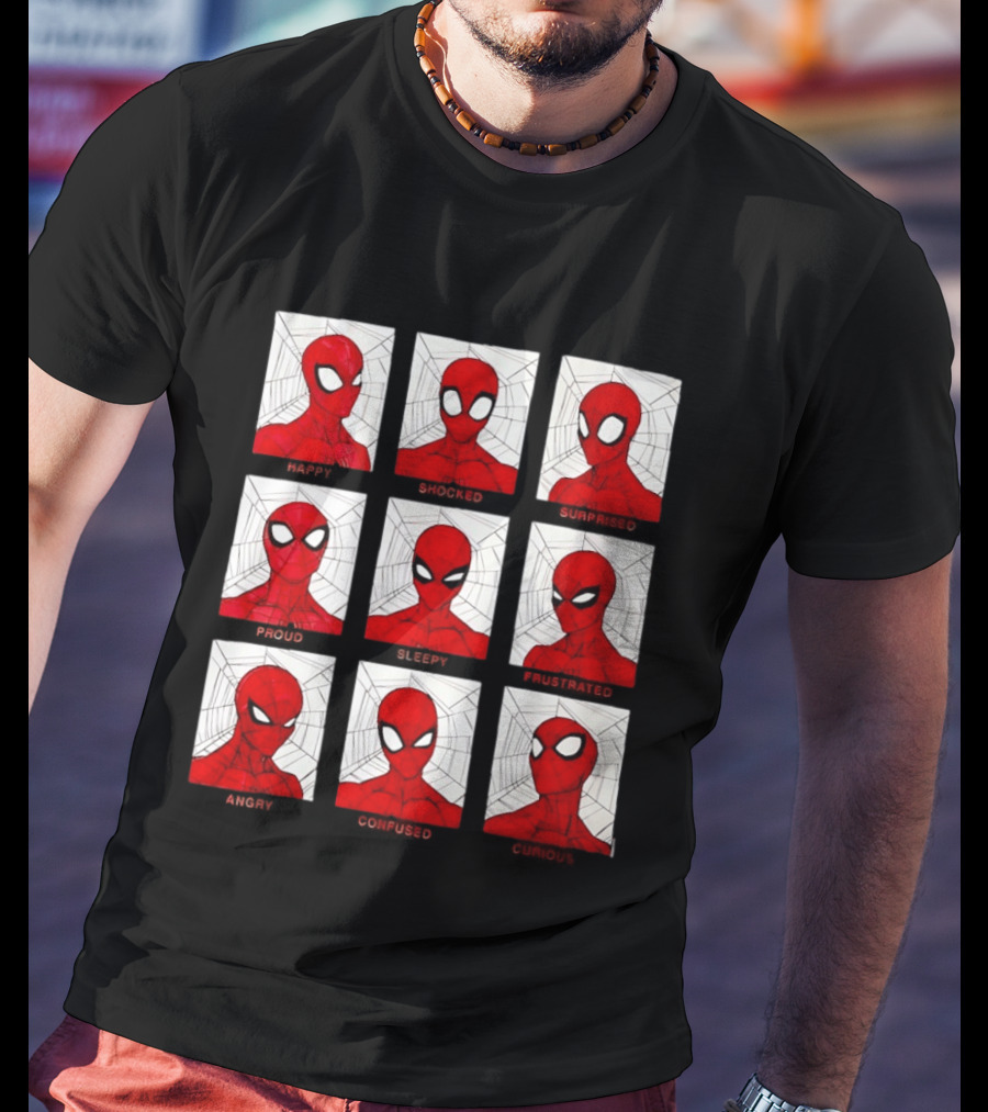 Spider Man Emotional States Happy Shocked Surprised Proud Sleepy Frustrated Angry Confused Curious T-Shirt