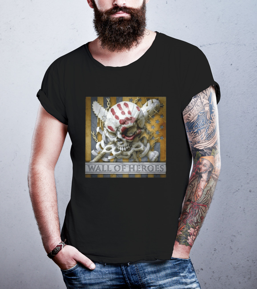 Five Finger Death Punch Wall Of Heroes Skull And Mace Chains Stars T-Shirt