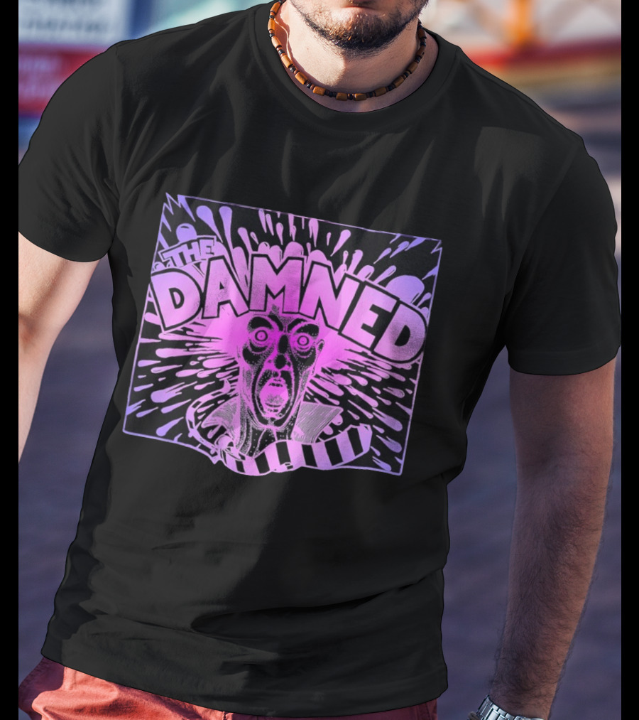 THE DAMNED Horror Face Neon Splatter Purple Black T-Shirt