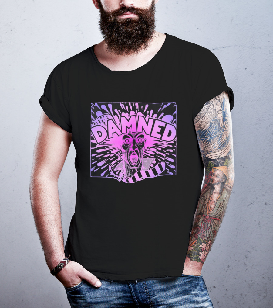 THE DAMNED Horror Face Neon Splatter Purple Black T-Shirt