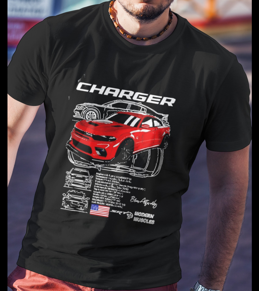 Dodge Charger Hellcat Red Modern Muscles Blueprint USA Flag T-Shirt
