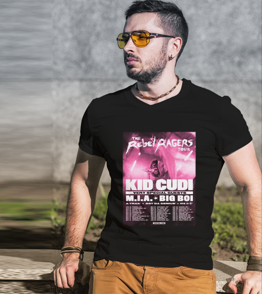 The Rebel Ragers Tour Kid Cudi 2026 Featuring M.I.A. Big Boi A Trak Dot Da Genius Tour Dates T-Shirt
