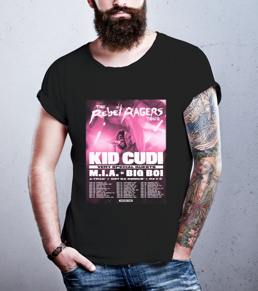 The Rebel Ragers Tour Kid Cudi 2026 Featuring M.I.A. Big Boi A Trak Dot Da Genius Tour Dates T-Shirt