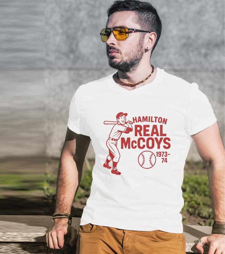 Hamilton Real McCoys Baseball 1973 1974 Retro Player T-Shirt