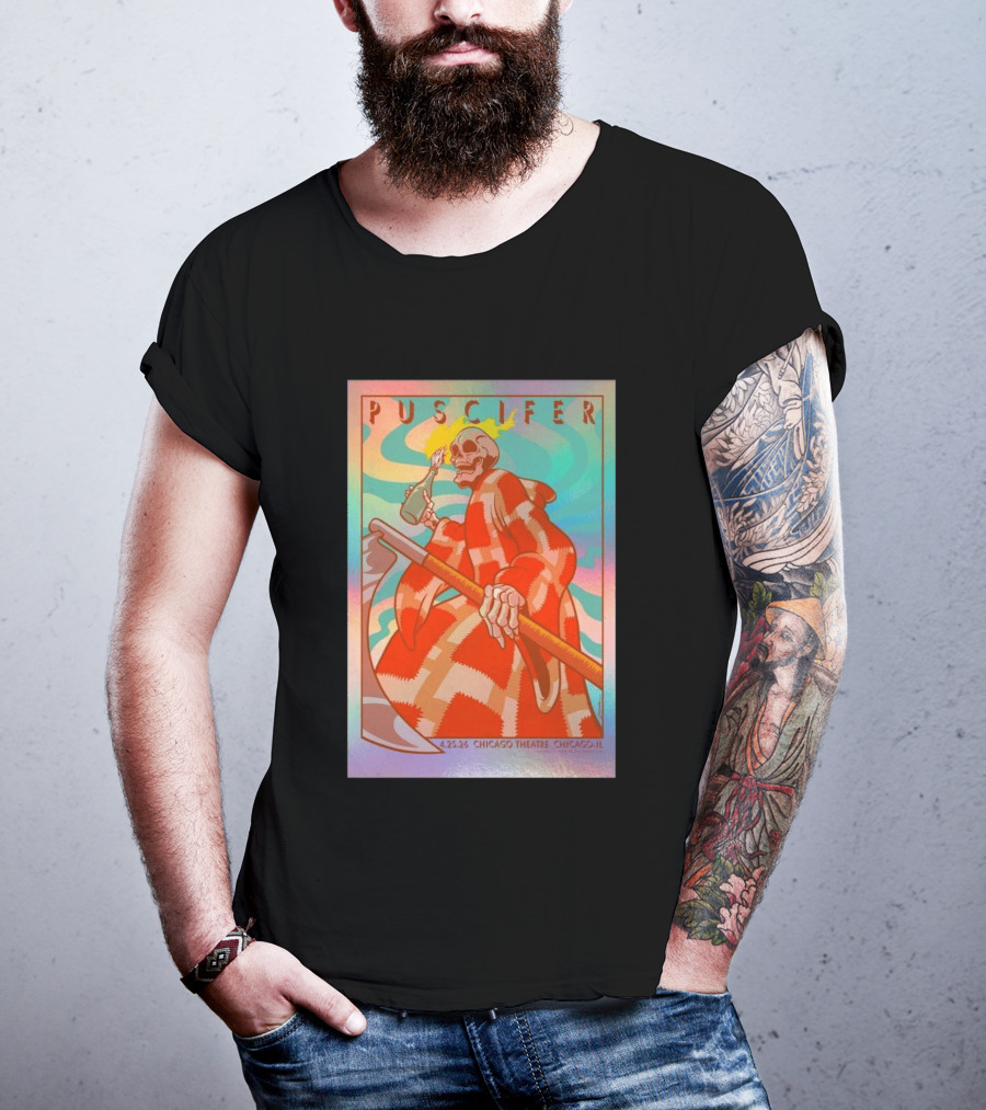 Puscifer 4.25.26 Chicago Theatre IL Skeleton Robe Checkerboard Psychedelic T-Shirt