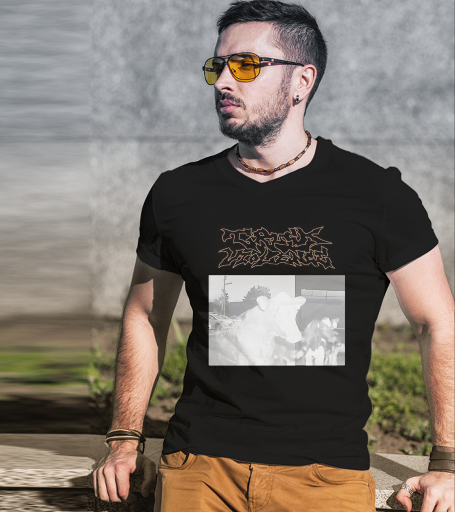 Truck Stop Violence Cow Photo Retro Style Casual Wear T-Shirt