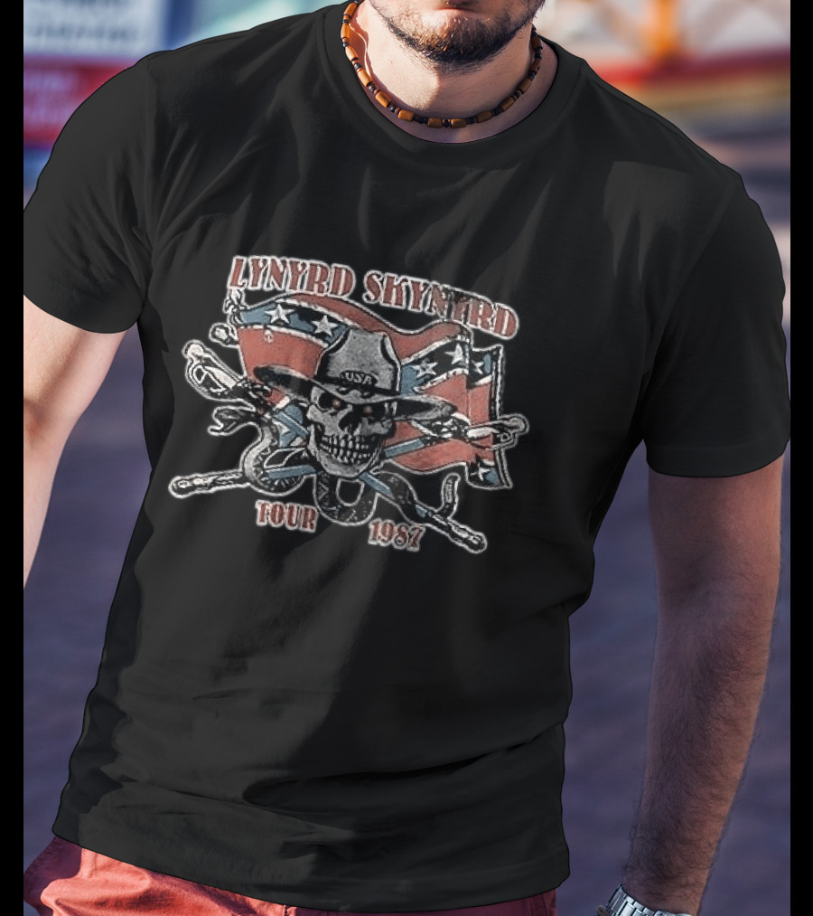 Lynyrd Skynyrd Tour 1987 Skeleton Cowboy USA Rebel Flag T-Shirt