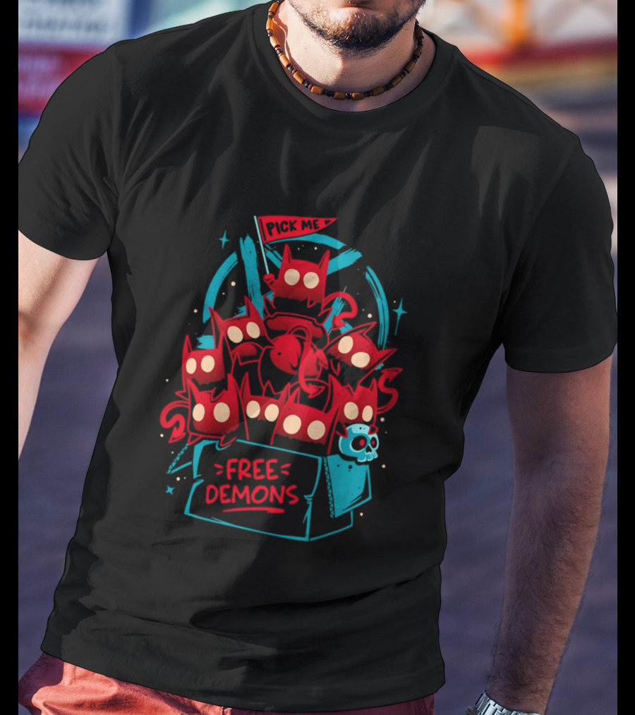 Free Demons Box Pick Me Red Monsters Cute Cartoon T-Shirt