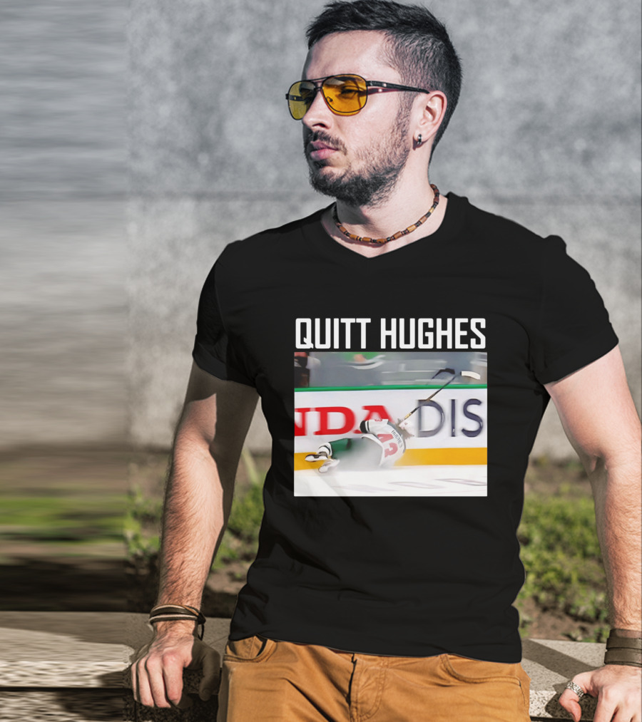 Quitt Hughes Hockey Player Falling Action Moment T-Shirt