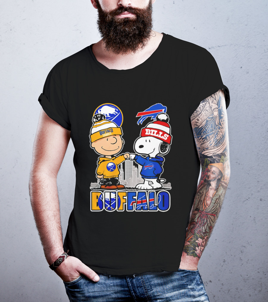 Buffalo Sabres Bills Snoopy City Skyline Collaboration With Charlie Brown T-Shirt