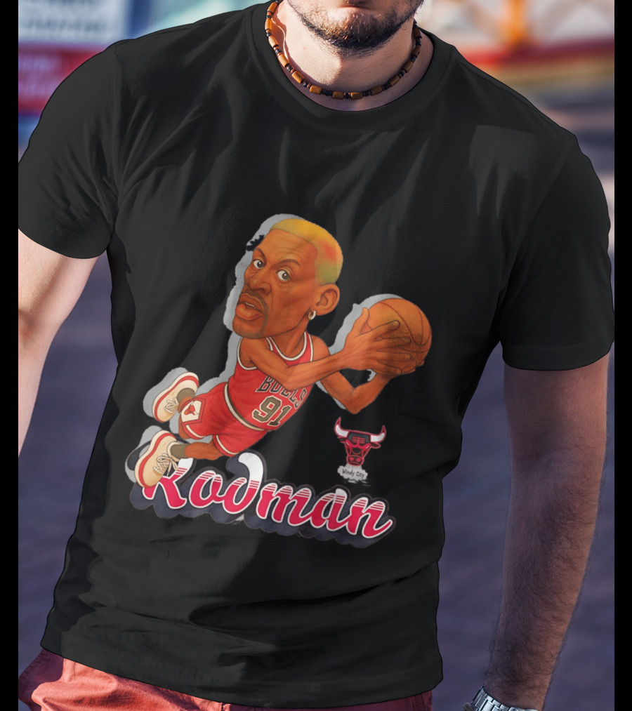 Dennis Rodman Chicago Bulls 91 Fickett Classics Windy City Cartoon T-Shirt