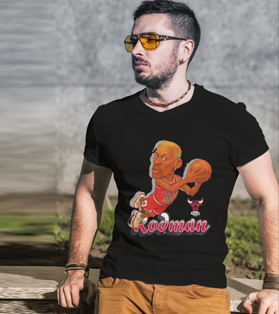Dennis Rodman Chicago Bulls 91 Fickett Classics Windy City Cartoon T-Shirt