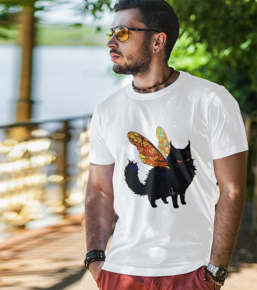 Black Cat With Colorful Fairy Wings Fantastical T-Shirt