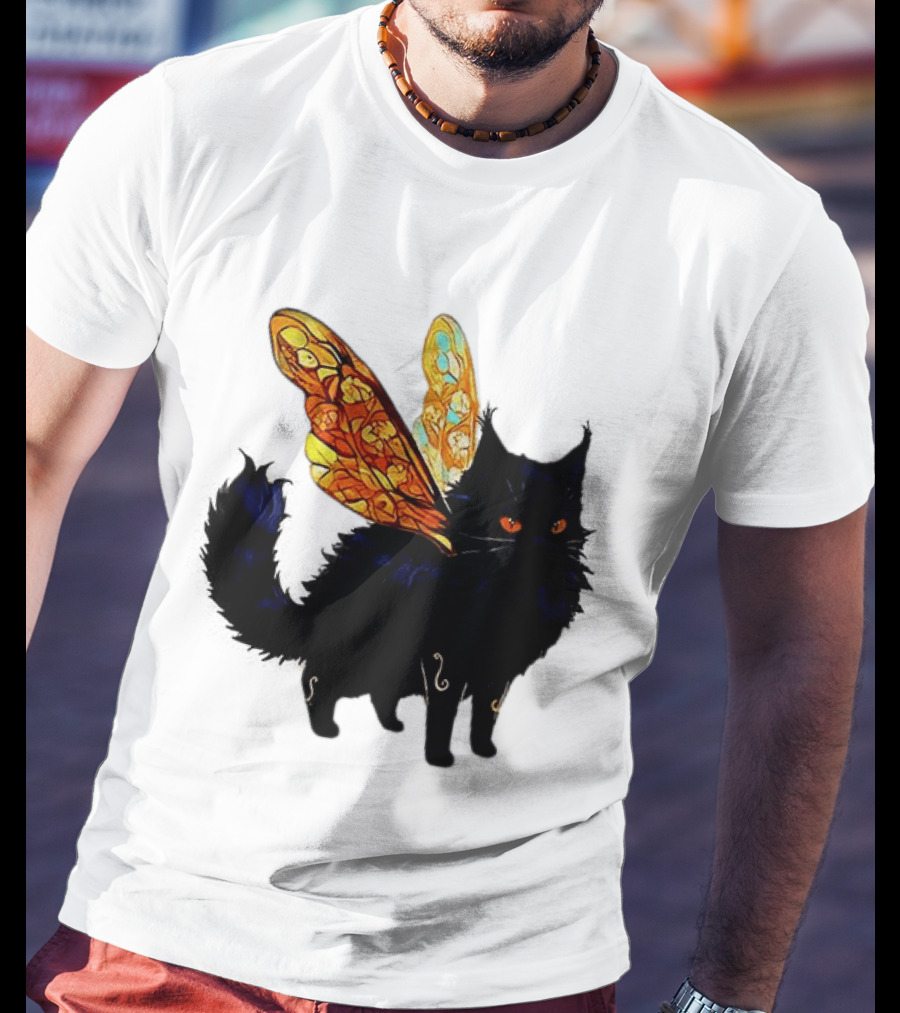 Black Cat With Colorful Fairy Wings Fantastical T-Shirt