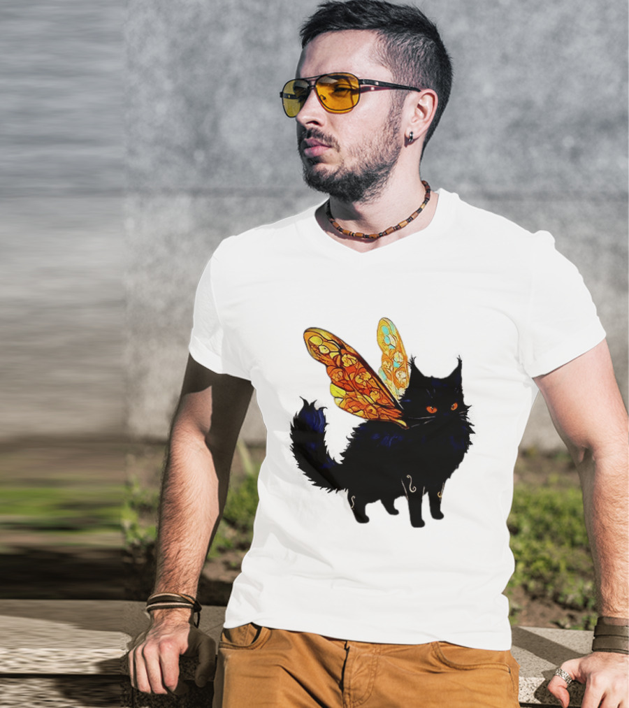 Black Cat With Colorful Fairy Wings Fantastical T-Shirt
