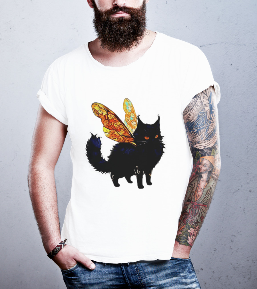 Black Cat With Colorful Fairy Wings Fantastical T-Shirt