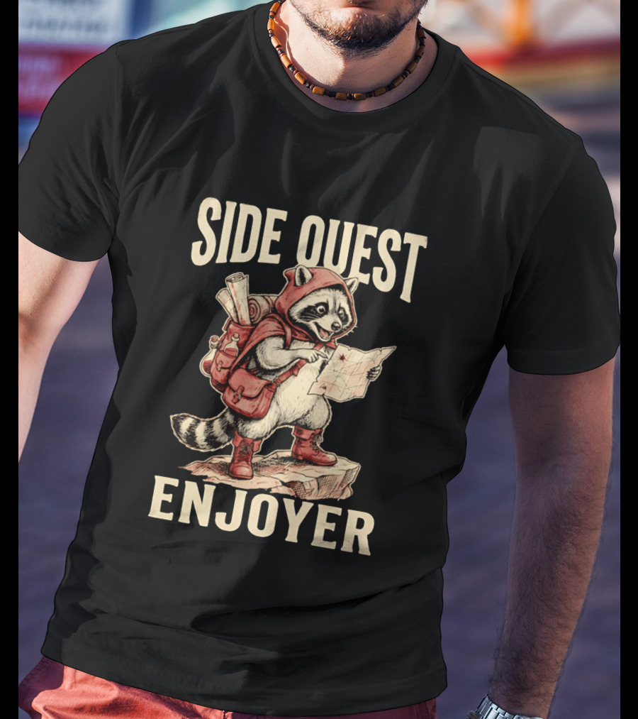 Side Quest Enjoyer Adventurer Raccoon With Map And Backpack T-Shirt