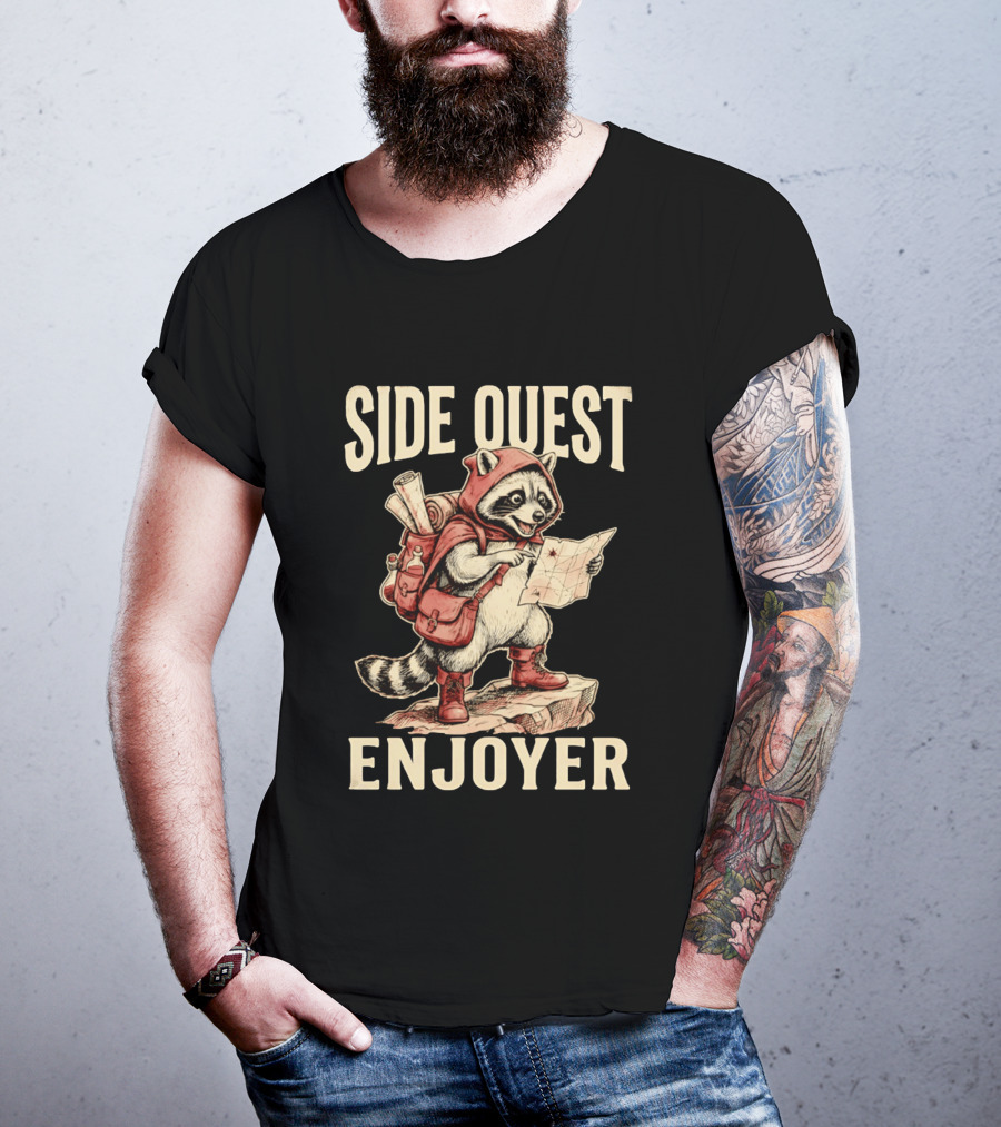 Side Quest Enjoyer Adventurer Raccoon With Map And Backpack T-Shirt