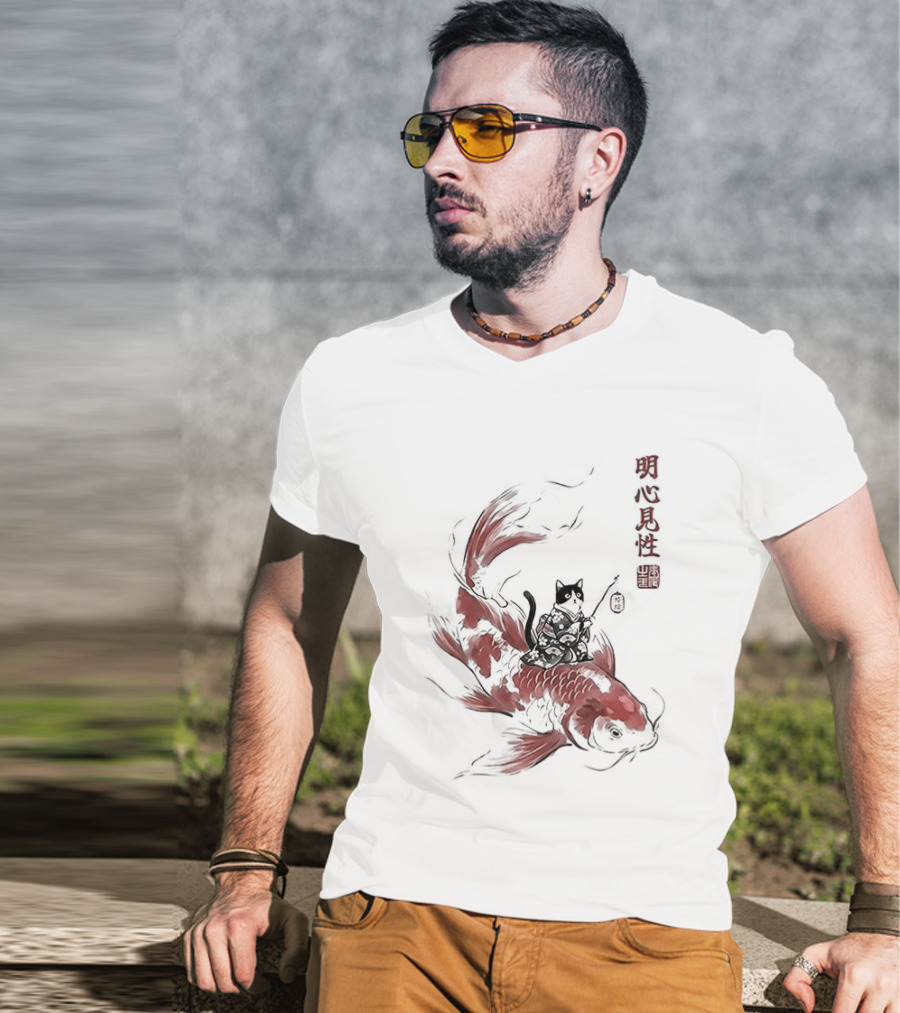 Kimono Cat Riding Koi Fish Classical Japanese T-Shirt
