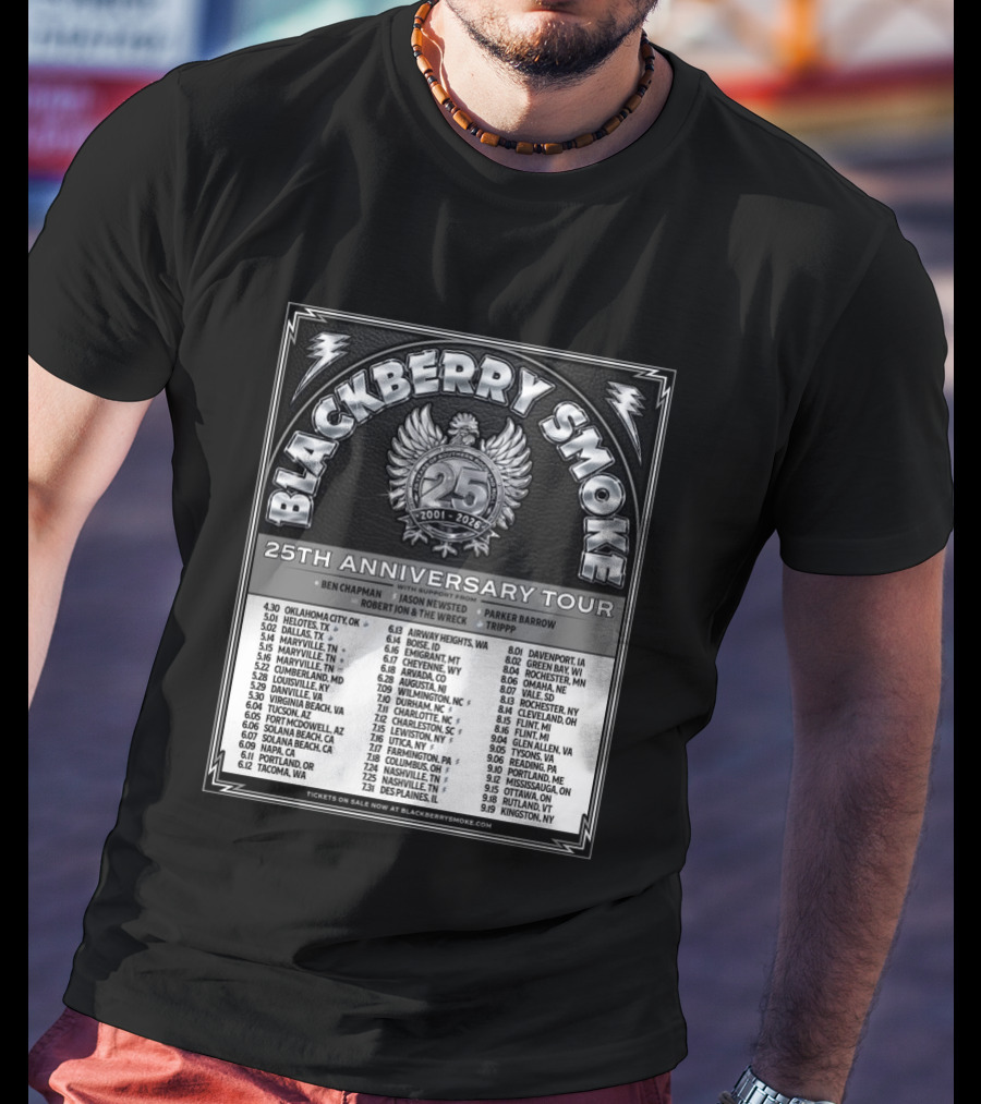 Blackberry Smoke 25th Anniversary Tour 2024 With Ben Chapman And Jason Newsted Featuring Parker Barrow And Robert Jon & The Wreck T-Shirt