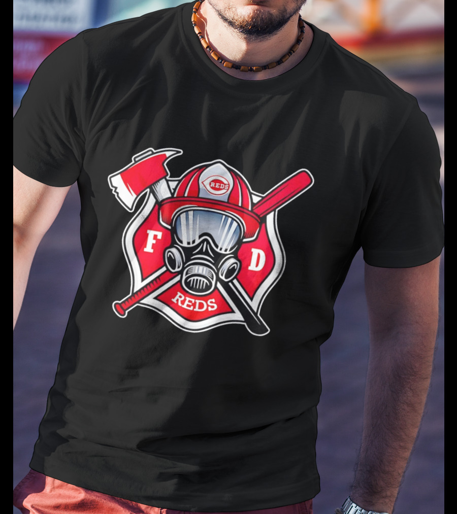 Cincinnati Reds FD Firefighter Helmet With Axe And Baseball Bat T-Shirt