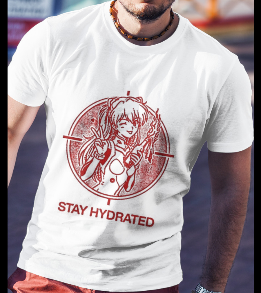 Asuka Langley Soryu Stay Hydrated Neon Genesis Evangelion Anime Iconic Red Circle T-Shirt