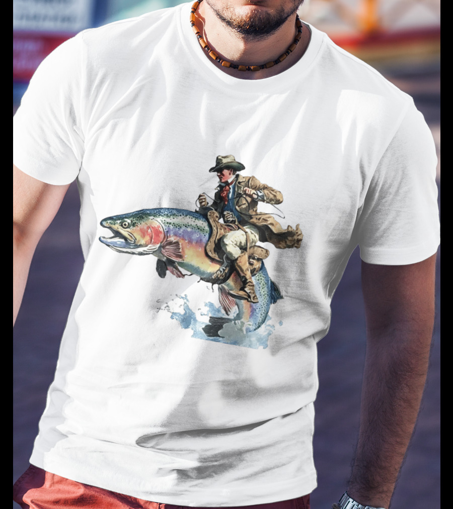 Cowboy Riding Rainbow Trout Adventure Scene T-Shirt