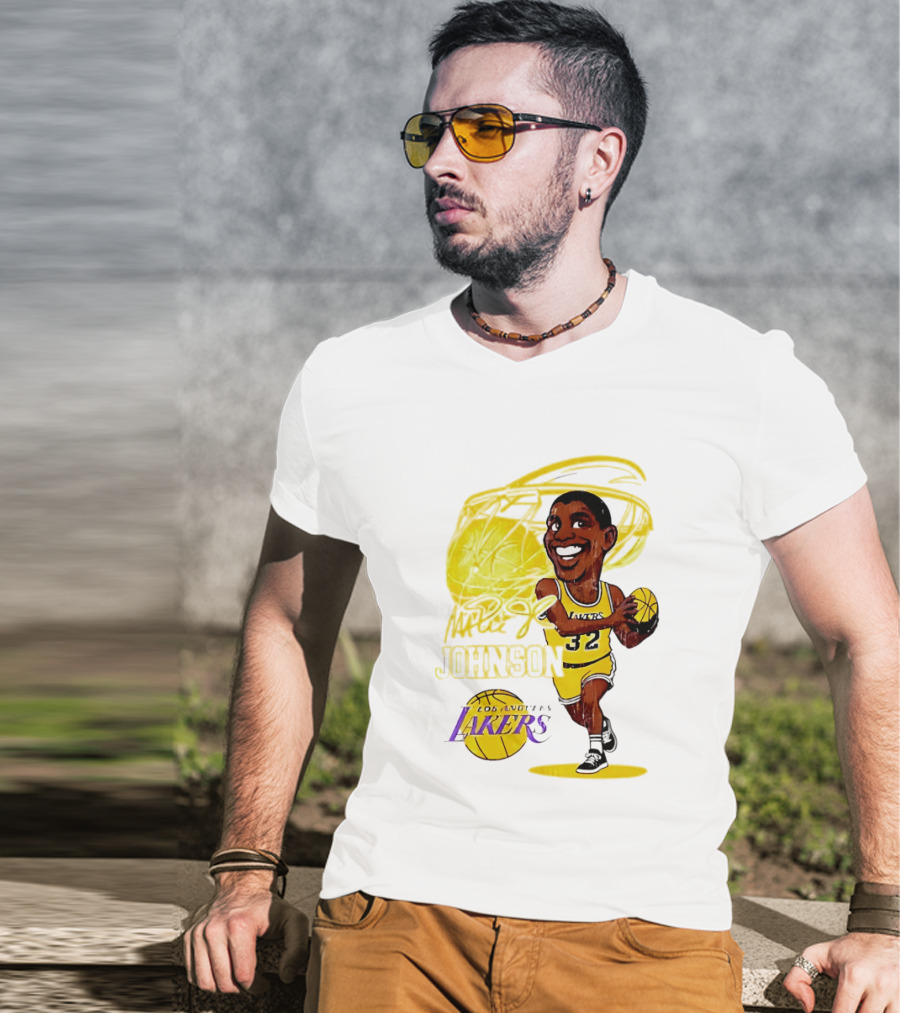 Magic Johnson 32 Los Angeles Lakers Basketball Caricature T-Shirt