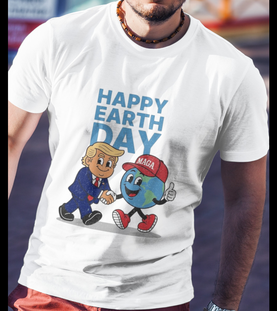 Happy Earth Day Trump MAGA Earth Cartoon Shaking Hands T-Shirt