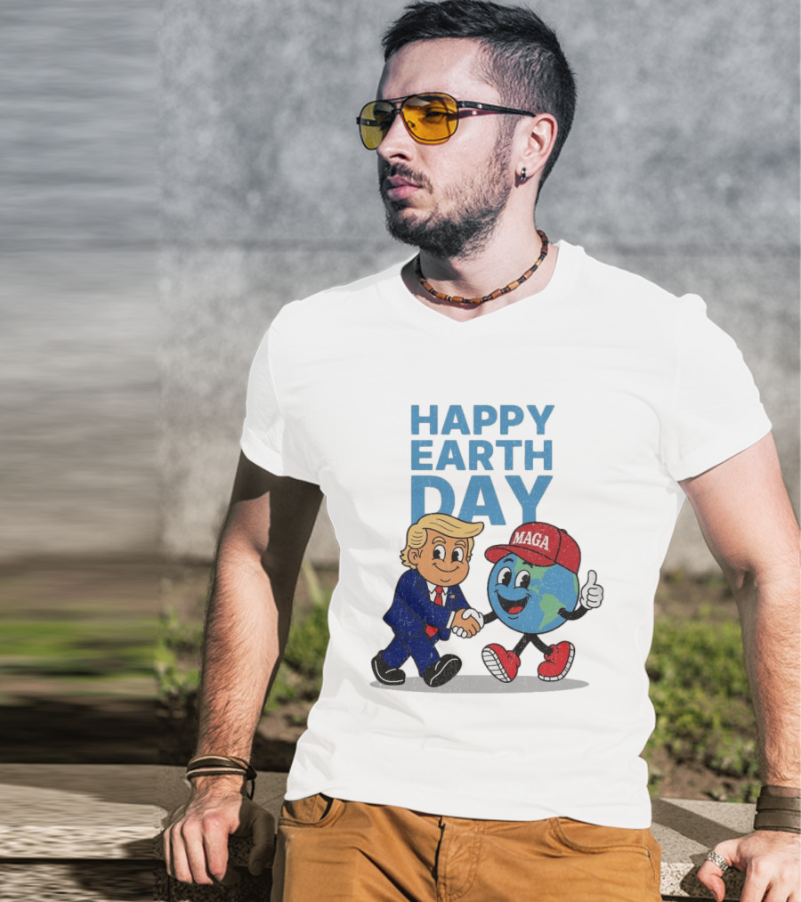 Happy Earth Day Trump MAGA Earth Cartoon Shaking Hands T-Shirt